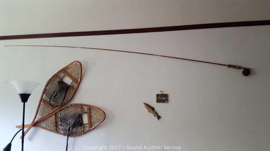 Sound Auction Service - Auction: Densmore NE Olympia Estate Auction ITEM:  Old Bamboo 3 Piece Fly Rod & Reel w/Fishing Decor