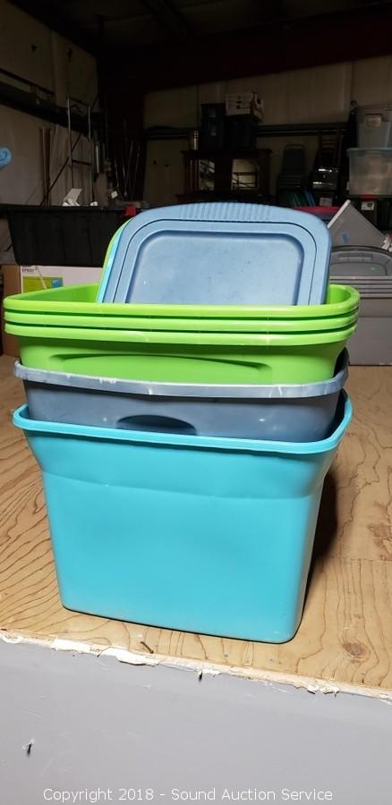 Sound Auction Service - Auction: 08/16/18 Crafts, Collectibles & Furniture  Auction ITEM: (5) 18 Gallon Rubbermaid Storage Totes w/Lids