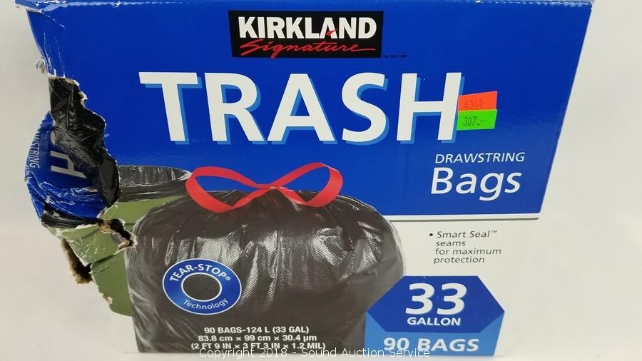 Sound Auction Service - Auction: 012219 Comfort, Health, Beauty, Bedding &  More! ITEM: Kirkland 33 Gallon Black Drawstring Trash Bags