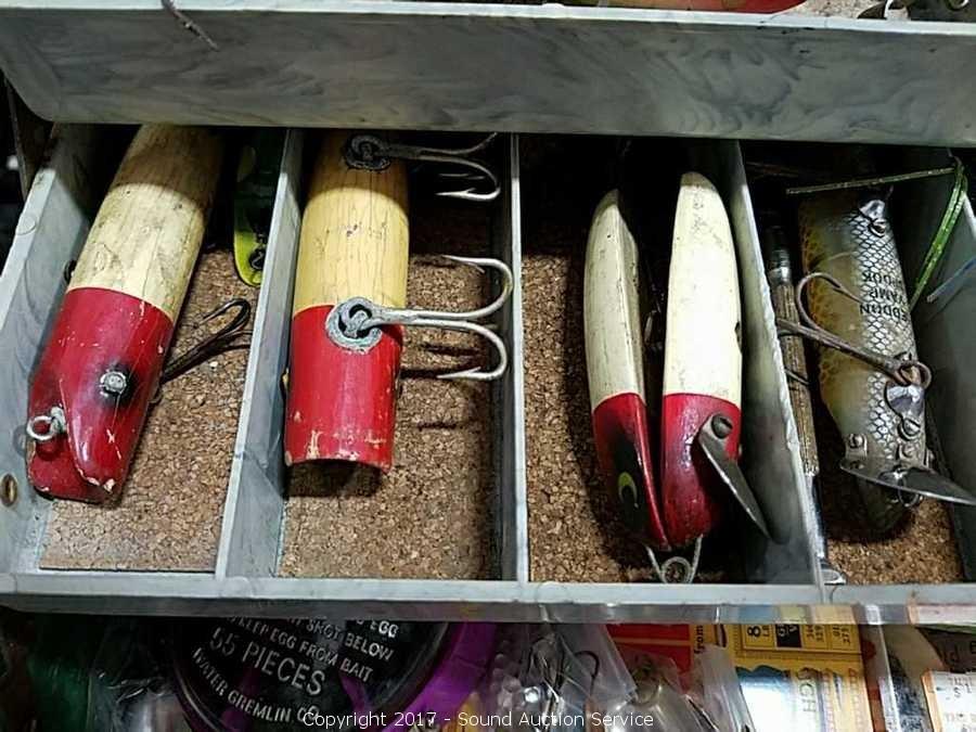 Sound Auction Service - Auction: Hawks Estate Auction Pt. 2 ITEM: Tacklebox  of Fishing Wooden Plugs, Lures & More, Tacklebox 
