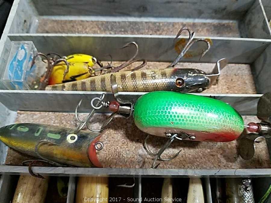 Sound Auction Service - Auction: Hawks Estate Auction Pt. 2 ITEM: Tacklebox  of Fishing Wooden Plugs, Lures & More