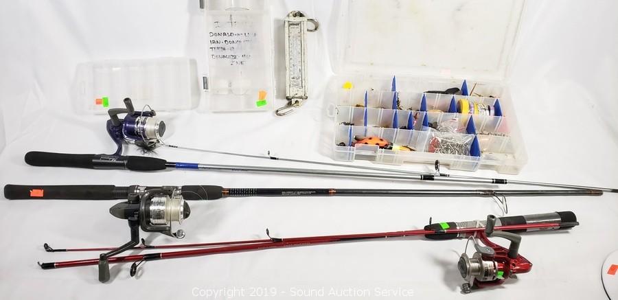 Sound Auction Service - Auction: 03/21/19 Backman, Baskin, Rice & Others  Multi-Estate Auction ITEM: 3 Fishing Rods w/ Reels & Tackle
