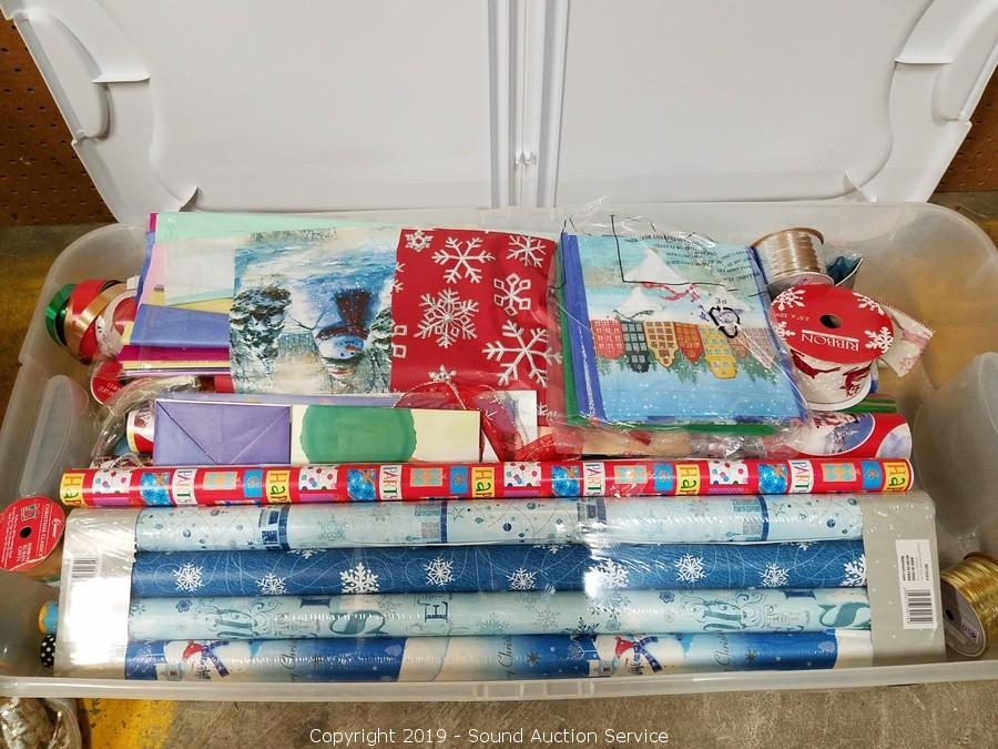 Sound Auction Service - Auction: 06/26/18 Bain Estate & Jewelry Auction  ITEM: Rubbermaid Wrapping Paper Storage Tote w/Paper