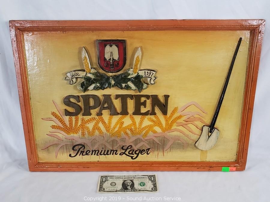 Sound Auction Service - Auction: 08/08/19 Weathers & Others Multi-Estate  Auction ITEM: Spaten Premium Lager Wood Beer Sign