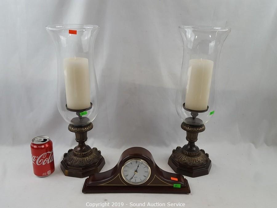 Sound Auction Service - Auction: 11/07/19 King, Kilkoff, Cramer & Others  Multi-Estate Auction ITEM: Mantle Clock & Hurricane Candle Holders
